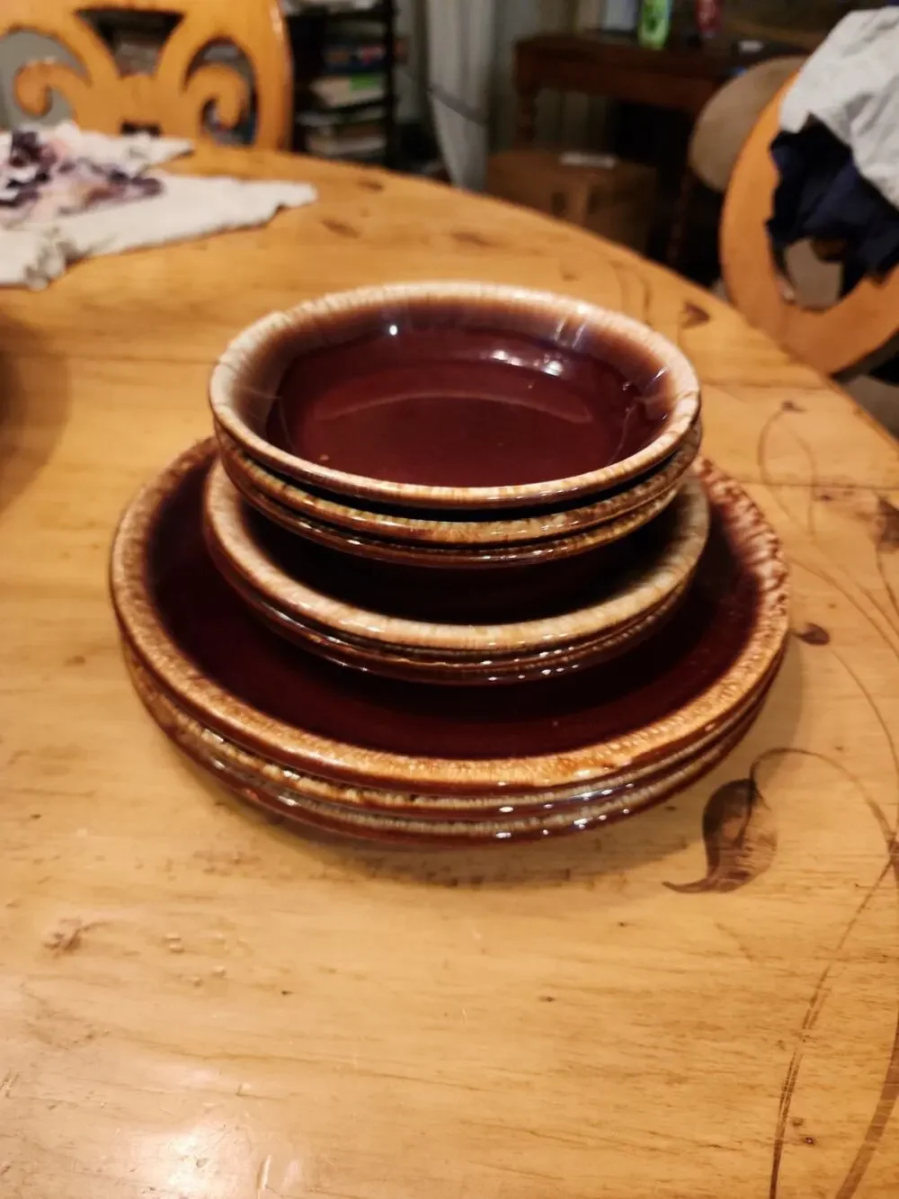 McCoy Pottery Made in USA Brown Drip 3 Dinner Plates, 3 Salad, 3 Dessert Bowls